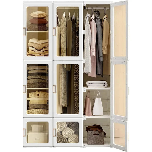 Portable Wardrobe Closet Storage Organizer,Plastic Wardrobe with Magnetic Transparent Door and Easy Assembly Cubes & Hanging Rod