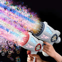 Arma de bolha brinquedos elétrica automática sabão foguete boom bolhas fabricantes para portátil ao ar livre crianças presentes led luz brinquedo festa casamento
