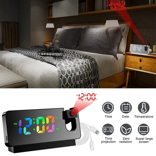 180° Rotation LED Digital Projection Alarm Clock USB Electronic Ceiling Projector Alarm Clock for Bedroom Bedside Desktop Clock