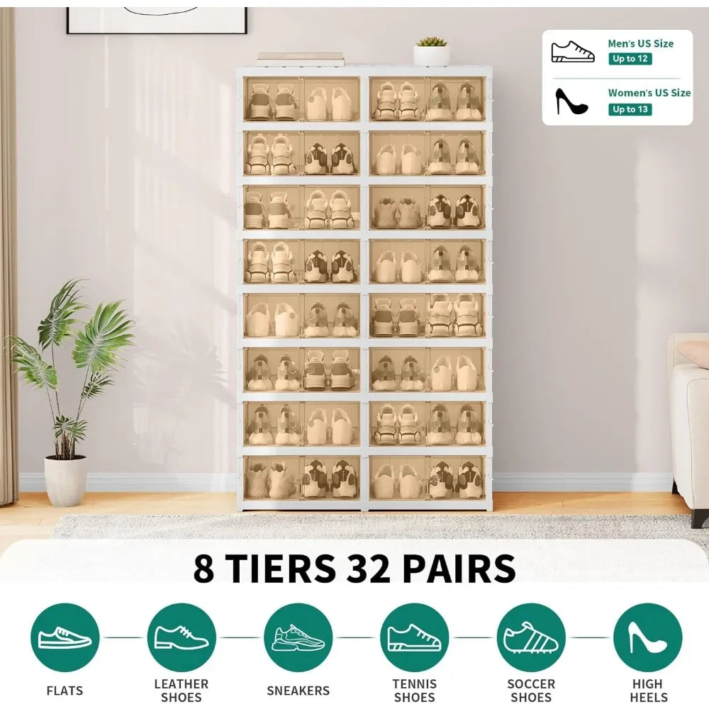 8 Tiers-32 Pairs Easy Assembly Shoe Rack With Magnetic Doors Shoes Storage System Foldable Shoe Storage Boxes for Closet